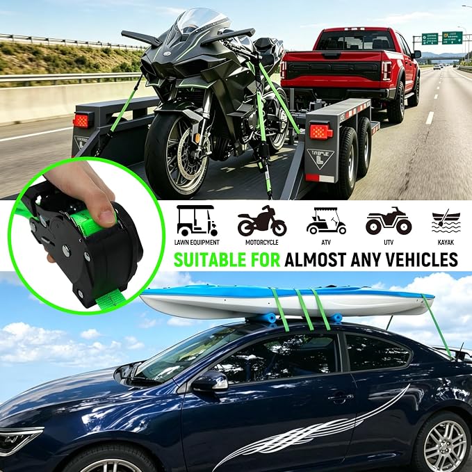 Retractable Ratchet Straps (Patented-2pack) - 1 inch x 10Feet (1,800lb Break Strength) Auto Self Retracting Tie Down Straps - Self Retractable Straps with Refletcive for Motorcyle, Truck or Cargo