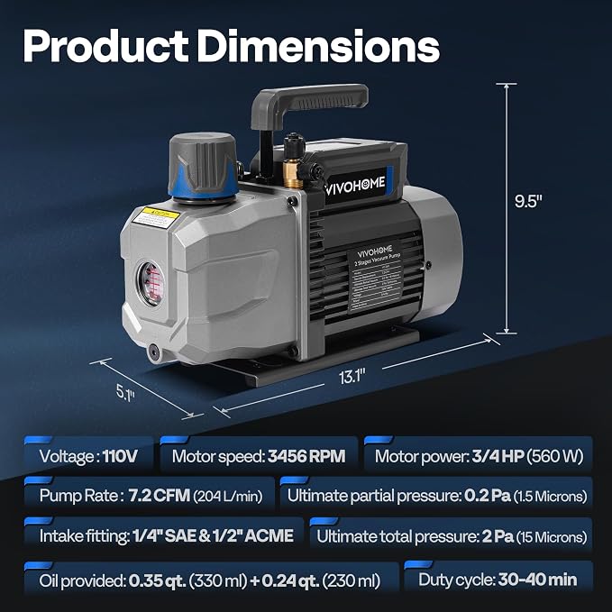 VIVOHOME 3/4 HP 7.2 CFM 2 Stage A2L HVAC Vacuum Pump, Sparkless Motor for R32 R1234yf R454B R134a R22 R410a Systems, Auto AC Vacuum Pump for Air Conditioner Resin Degassing with Oil Bottle