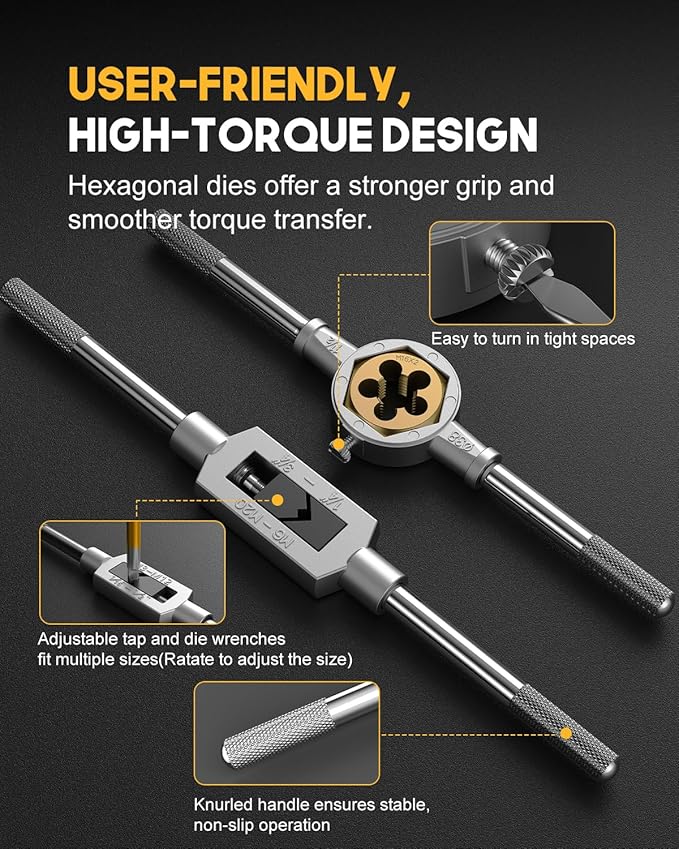 Kolvoii 86-Piece Tap and Die Set, Metric Size M3 to M16 and SAE Size #4 to 5/8", Titanium-Coated GCr15 Steel Rethreading Tool Kit with Coarse and Fine Threads for Internal and External Threads