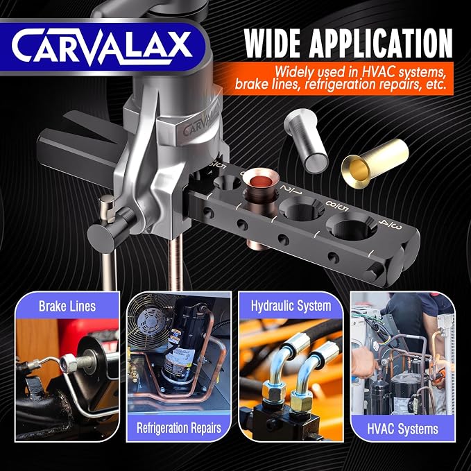 CARVALAX 45° Eccentric Flaring Tool Kit for Copper, Brass, and Aluminum Tubing, Single Flaring Bar with 7 Dies (3/16" to 3/4"), for HVAC, Refrigeration,and Brake Lines, heavy duty with Case (Imperial)