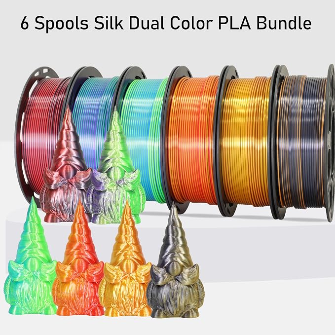 MIKA3D 6 Spools Bicolor Dual Color 1.75mm 3D Printer Filament Bundle, 3D Printing Silk PLA, Silk Black-Purple/Purple-Gold/Black-White/Black-Orange/Red-Blue/Black-Red, 3D Printing PLA 250g X 6 Spools
