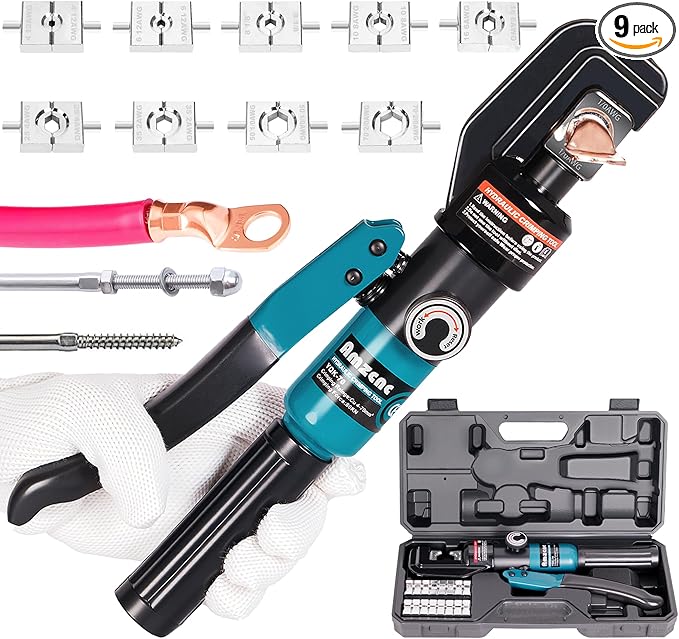 10 Ton Hydraulic Battery Cable Crimper – Single-Hand Return, 9 Hex Dies for 12-2/0 AWG, 180° Rotating Head, Pro Terminal Tool for Car/RV/Marine Power