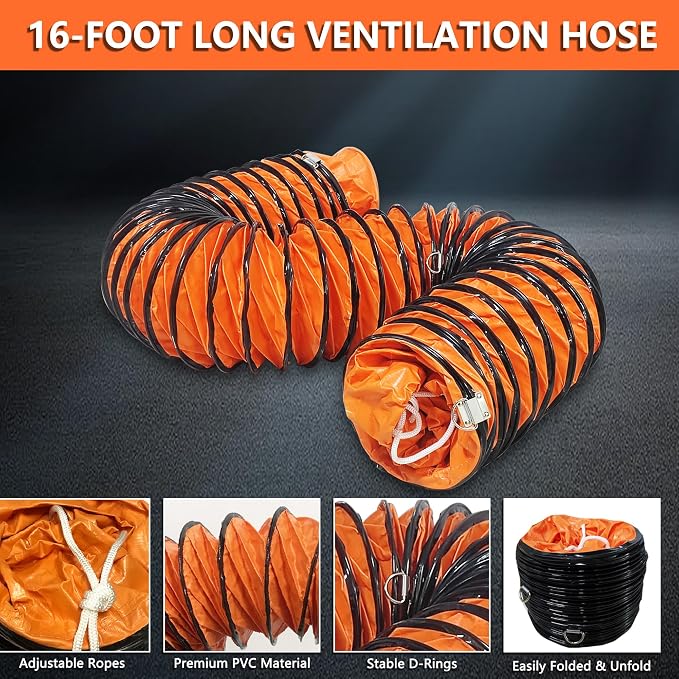12 Inch Utility Blower Fan 2300CFM Industrial Portable Exhaust Fan with 16.4Ft Duct Hose, 3420 r/min High Velocity Ventilation Extraction and Ventilation Fan
