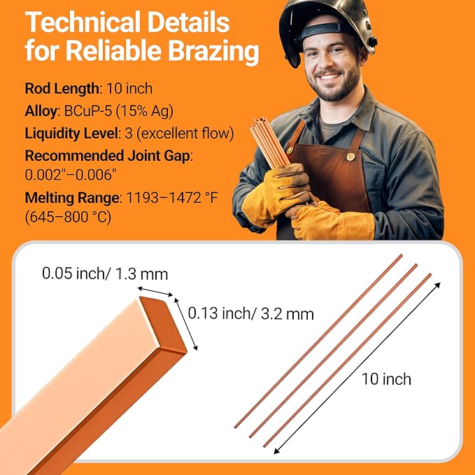 15pcs Brazing Rods AWS BCuP-5 15% Silver Solder Phos Copper Brazing Alloy Flat Welding Rods 0.050"x1/8"x10" for HVAC, Refrigeration, and Industrial Applications