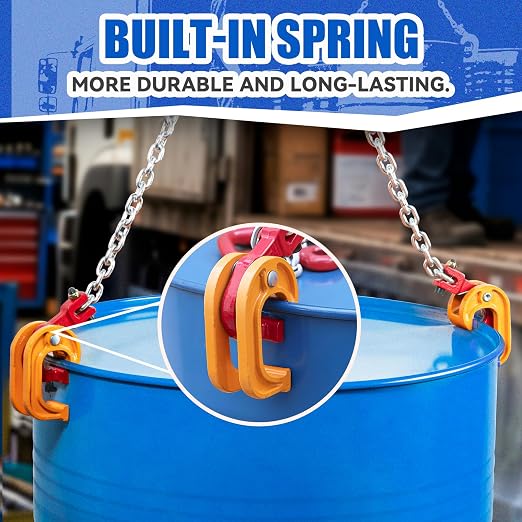 55 Gallon Drum Lift, 2200 lbs Load Capacity, Chain Drum Lifter for 30–55 Gallon Steel Drums, Improved Hook Design Drum Lifting Hook for Forklift Crane Hoist