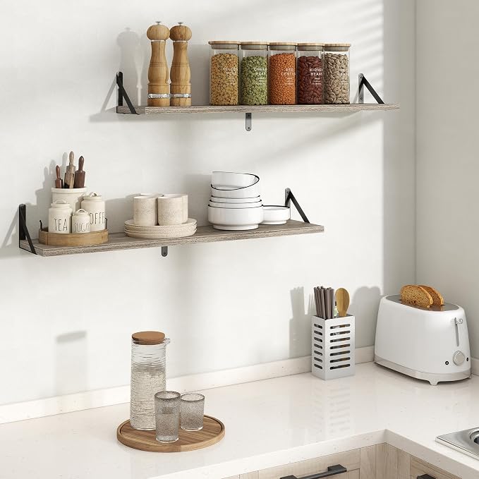Floating Shelves 8 Inch Deep, 36W x 8D Wall Shelf Set of 2, 60 lbs Heavy Duty Reversible Metal Brackets, Industrial Book Shelf for Living Room Kitchen Bathroom Bedroom Gallery Wall, Grey