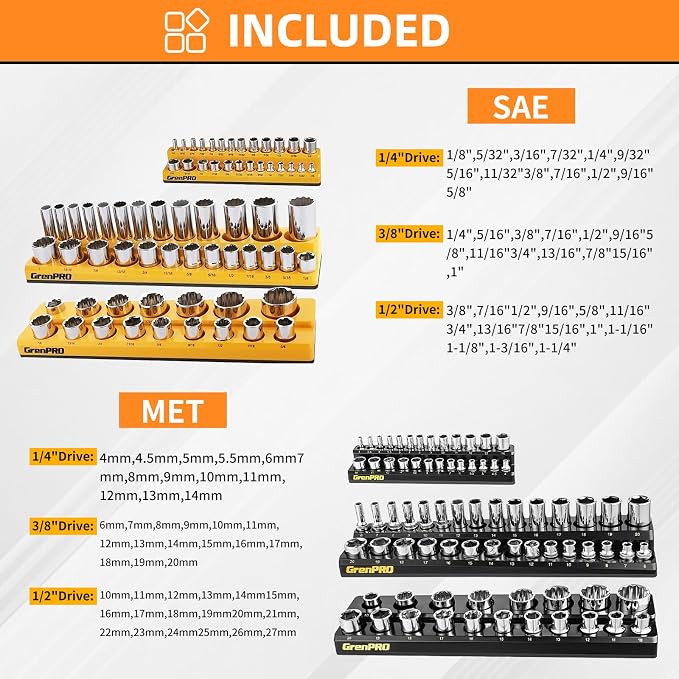GRENPRO 8-Piece Professional Tool Organizer Set: 6-Piece Magnetic Socket Organizer & 2-Piece Wrench Holders for 1/4", 3/8", 1/2" Drive SAE & Metric Sockets and Wrenches | Saves Space & Easy Access