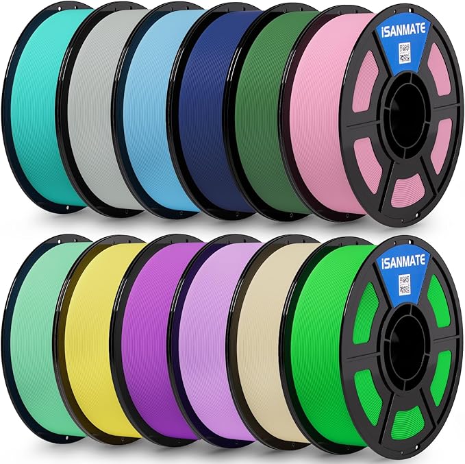 iSANMATE Matte PLA 3D Printer Filament, 3D Printer Filament Bundle, Fast Printing Speed PLA, Dimensional Accuracy ±0.02mm, 12 * 1kg(Navy,Pink,Army Green, Yellow,Mint Green,Light Blue)