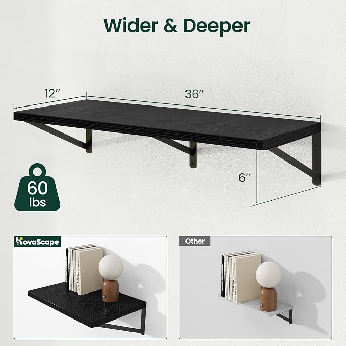 Floating Shelves 12 Inch Deep, 36W x 12D Wall Shelf Set of 2, 60 lbs Heavy Duty Reversible Metal Brackets, Deep Industrial Book Shelf for Living Room Kitchen Bath Bedroom Coffee Bar, Black