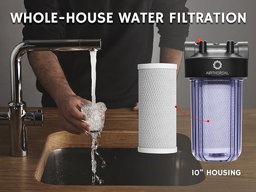 Airthereal Whole House Water Filter Clear Housing, 10" x 4.5" Sediment Carbon Cartridge Universal Housing, Pre-Filtration System for Well and City Water, 3/4" NPT Port, Includes 1-Pack CTO Filter