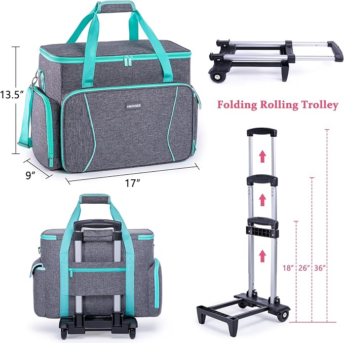 AMOIGEE Rolling Sewing Machine Case with Wheels – Sewing Machine Bag with Detachable Wheels Frame, Trolley Tote with Removable Padding,Fits Most Standard Machines Compatible with Singer,Brother,Janome