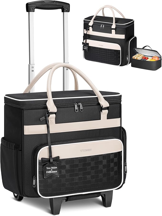 Ytonet Rolling Laptop Bag with Insulated Lunch Box, 15.6 In Rolling Briefcase for Women with Large Cup Holder, Detachable Trolley Roller Underseat Bags for Work, Office, Teacher, Travel, Black Beige