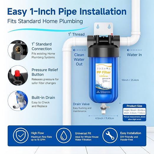 Whole House Big Blue Water Filter System with Drain Valve, PP Sediment Water Filter System 5 Micron, 10" x 4.5" Housing, 1" FNPT Ports, Reduces Sand, Rust, Silt & Dirt, Protects Plumbing & Appliances