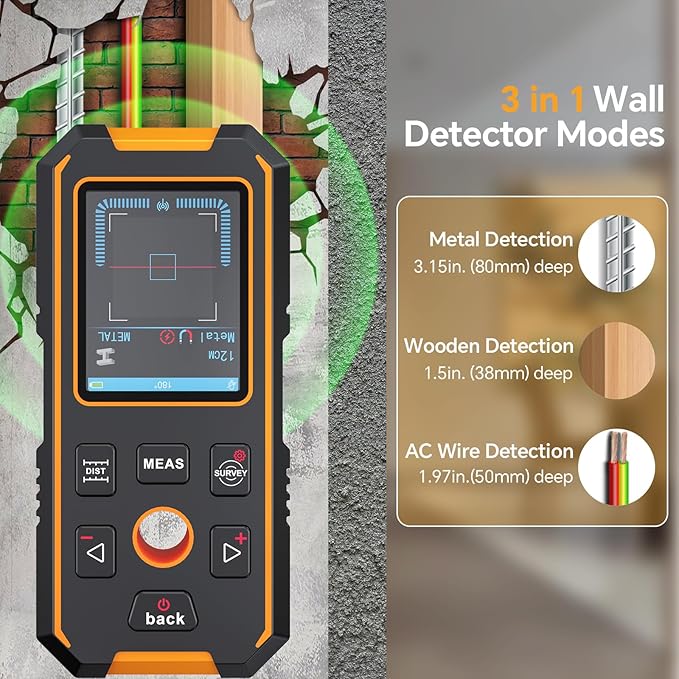 Stud Finder - 4 in 1 Stud Finder Wall Scanner with Laser Measure, Rechargeable Stud Detector Smart Sensor & Audio Alarm, HD LCD Display, Accurate Wall Detector for Metal Wood AC Live Wire