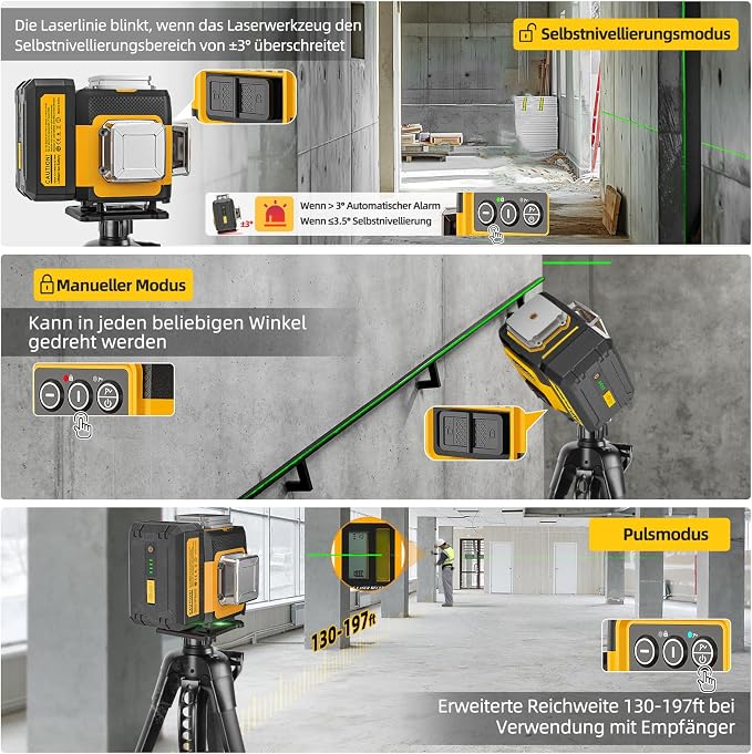 Laser Level 360 Self Leveling, 3 x 360 Self-Leveling Cross Line Laser 3D Green Laser Level for Construction and Picture Hanging, Rechargeable Li-ion battery, Hard Carry Case Included SZ03DG