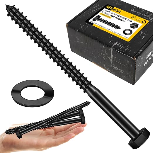Mywish (25Sets) 1/2" x 6" Lag Bolts, 304 Stainless Steel 1/2 inch Lag Screws Bolts for Wood, Heavy Duty Hex Head with Flat Washers Bolt Kit, Black Oxided