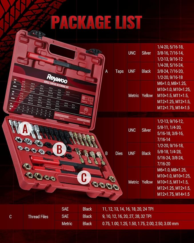 Reywoo 49 PC Thread Chaser Set, Metric and SAE Thread Restorer Tool with 22 Taps 24 Dies 3 Thread Files, Master Thread Cleaner Rethreading Kit in UNC UNF Metric Sizes