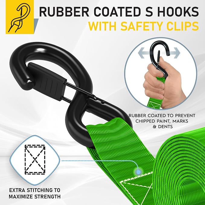 AUGO Heavy Duty Ratchet Straps & Soft Loops – Pack of 4 Extra Strong 1.5” by 10’ Ratchet Straps w/S-Hook Safety Latches & 4 Soft Loop Tie Downs – 4400Lb Break Strength for Motorcycles, ATVs, Etc.