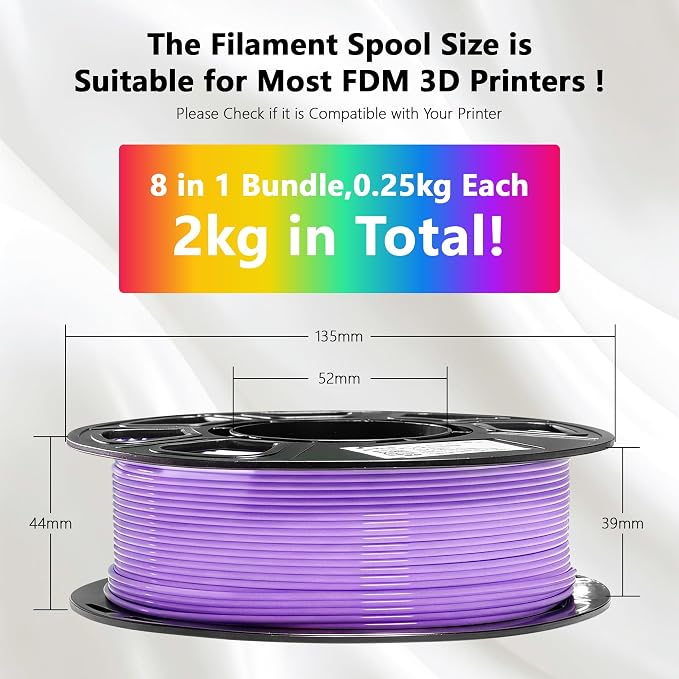 1.75mm 8 Spools Basic Colors PLA 3D Printer Filament Bundle, White/Black/Clear/Light Grey/Blue/Red/Green/Purple, Each Spool 0.25kg, Total 2kg PLA 3D Printing Material, 250g x 8 Spools