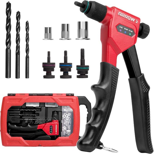 Arrow Rivet Nut Tool, 8" Rivet Nut Gun Kit Designed for Tight Space, Rivet Nut Setter with 3 Pcs Mandrels (8-32, 10-24, 1/4-20), 75 Pcs Rivnuts and 3 Pcs Drills, Sturdy Case Packed