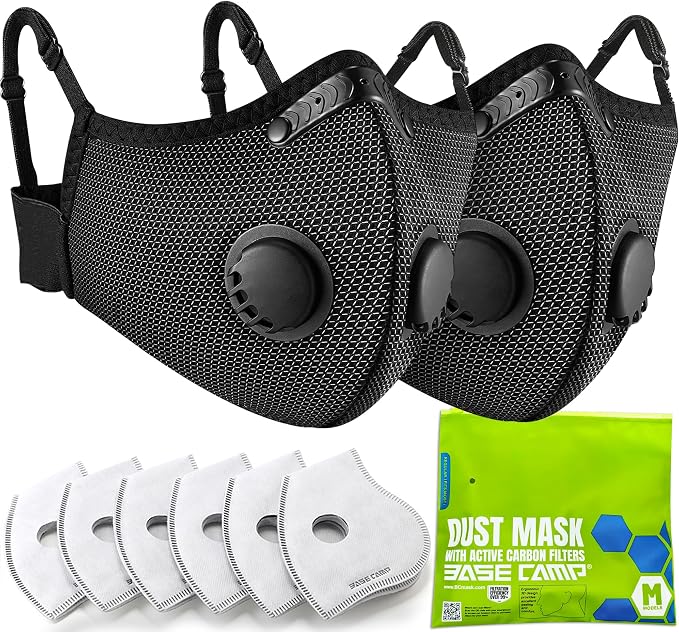 BASE CAMP Upgrade M Plus Dust Mask, Breathable Reusable Dust Face Mask with 6 Activated Carbon Filters, Air Filtration Mask for Smoke Dust Grinding Sanding Sawing Sweeping (2 Silver)