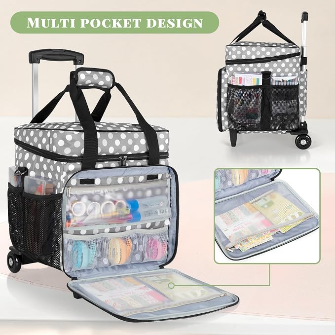 LUXJA Rolling Scrapbook Tote, Scrapbook Bag with Detachable Dolly (Patented Design), Gray Dots