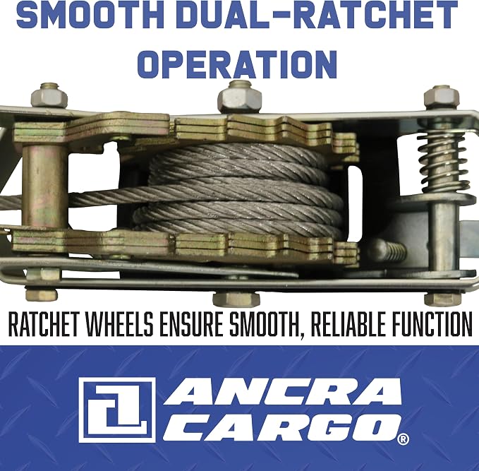 ANCRA CARGO Cable Puller, Double Line 4-Ton Pro Series, Heavy-Duty Machined One-Piece Gears, 1/4" Aircraft Grade Galvanized Steel Cable with Pulley Block