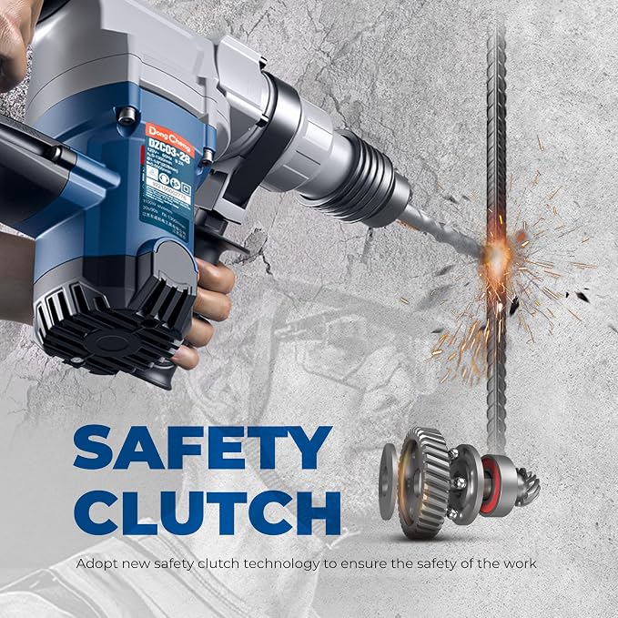DongCheng 1-1/8 Inch SDS-Plus Rotary Hammer with 9.2A Motor, 3.6J Impact Energy, 5,000 BPM for Concrete & Demolition, Includes 3 Drill Bits, 2 Chisels, Case (Safety Clutch, 110V)