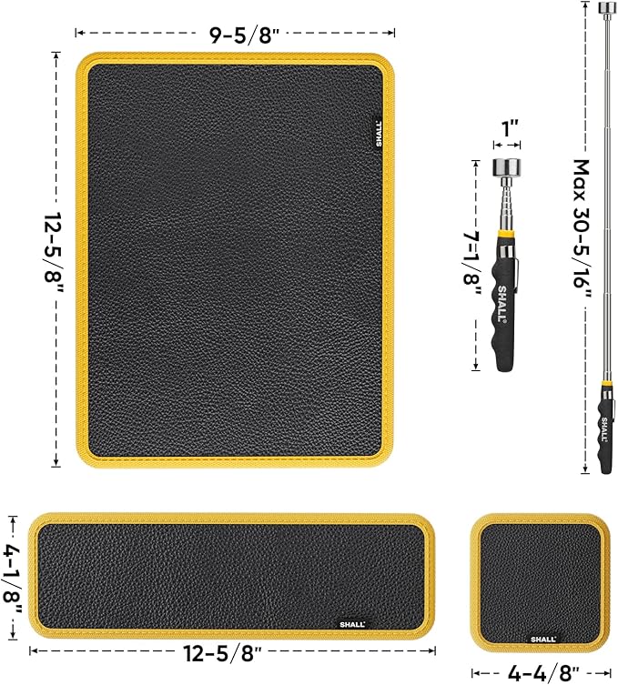 SHALL 3-Piece Magnetic Tool Parts Mat and Telescoping Magnetic Pickup Tool, Flexible Magnetic Tool Holder Pad W/ 83 Built-In-Magnets & 25LBS Pull Force Extendable Magnet for Mechanic Wrench Screw Bolt