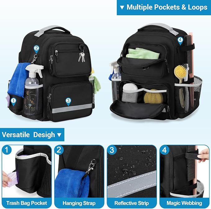 HODRANT Large Rolling Cleaning Backpack with Detachable Trolley & Waterproof Bottom, Cleaning Supplies Bag with Handle & Support Plate, Cleaner Caddy Organizer for Car Wash & Housekeeping Tool Storage