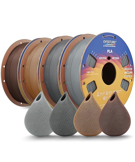 OVERTURE 4KG Bundle High Speed PLA Filament 1.75mm, Neatly Wound 3D Printer Filament 4 Pack 1kg Spool (2.2lbs) Rapid PLA, Fit Most FDM 3D Printers (Light Grey+Space Grey+Brown+Chocolate)