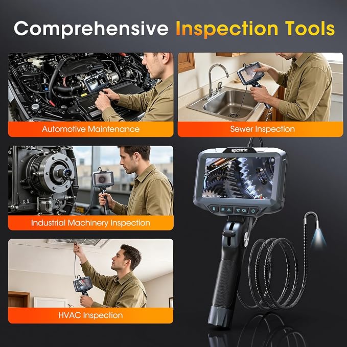 Two-Way Articulating Borescope, 1080P HD Endoscope Camera with 5" IPS Screen, IP67 Waterproof 0.23in Slim Probe Inspection Camera with Adjustable Light, for Automotive Pipe Sewer 32GB SD Card