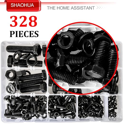 M3 M4 M5 M6 M8 M10 M12 Metric Bolt Assortment, Grade 8.8 Carbon Steel Hex Head Nuts and Bolts Assortment Kit, Hex Head Screw Bolt, Nuts, Flat & Lock Washers, Black, 328PCS