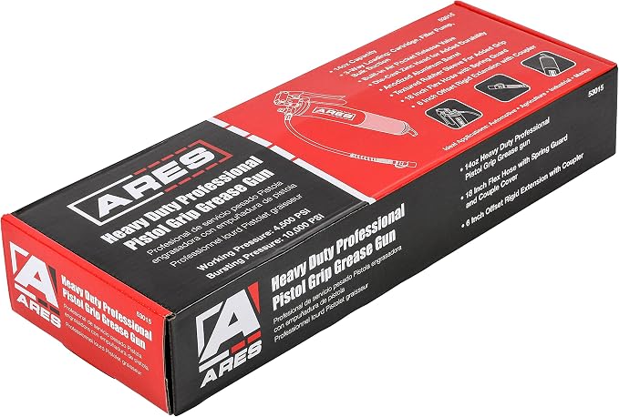 ARES 53015 – Professional Pistol Grip Grease Gun – Includes 18-Inch Flex Hose with Spring Guard and 6-Inch Offset Extension – 4500 PSI Working Pressure Rating