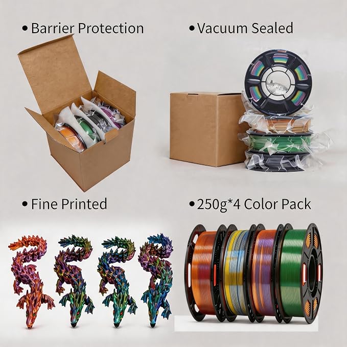 Silk PLA 3D Printer Filament Bundle 1.75mm Filajoy3D Multicolor 3D Printing Filament 250g*4 Dimensional Accuracy +/- 0.02mm for Most FDM 3D Printers