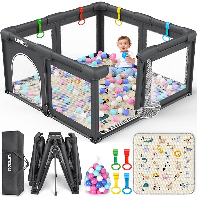 Baby Playpen with Mat, Foldable Playpen for Babies and Toddlers Large Playpens Play Yard Indoor Outdoor Activity Center Game Fence Safety Area Travel Play Pen for Babies 6-12 Months 50"X50" Dark Grey