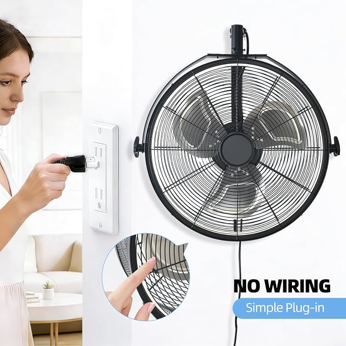 AHAWILL 20" Wall Mounted Fan with Lights, 360° Adjustable Tilt,Garage Wall Mount Fan with Remote&APP, Plug in Wall Fan,6-Speed&Reversible Gazebo Fan,3CCT Dimmable&Timer for Toolroom,Patio,Warehouse