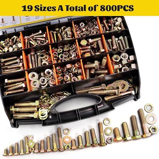 800PCS SAE Bolts and Nuts Assortment Kit,1/4-20, 5/16-18, 3/8-16, 1/2-13 Grade 8 Heavy Duty Hex Bolts Nuts and Washers Assorted kit,Yellow Zinc Plated