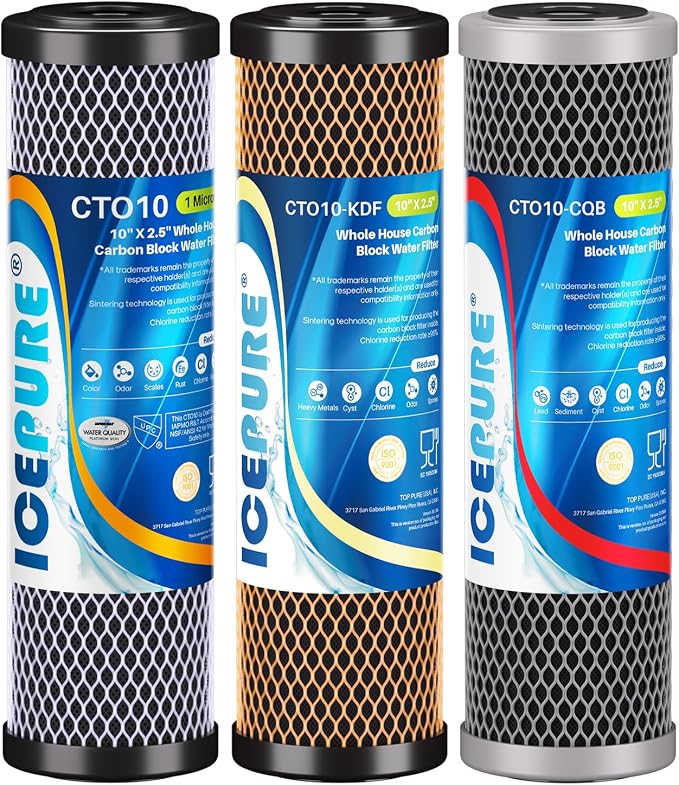 ICEPURE 3-Stage 2.5" x 10" Whole House CTO Activated Carbon Water Filter Set, Activated Carbon Block, KDF Cartridge and Upgraded Activated Carbon Heavy Metal Remove Filter Replacement Kit, Pack of 1