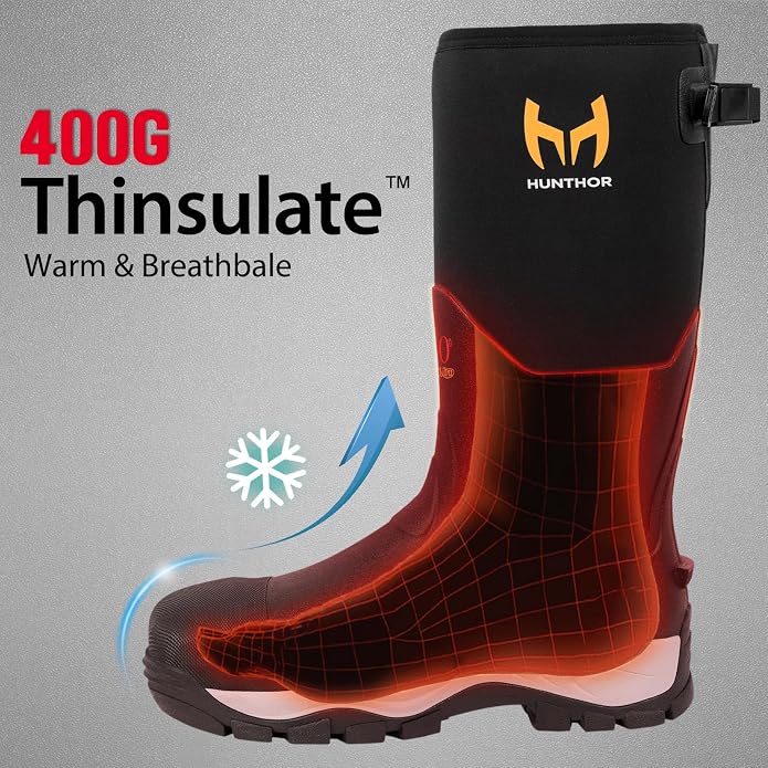 Rubber Work Boots for Men with Steel Toe, 400g Insulated, 1100N Puncture-Proof Hunting Boots with 7mm Neoprene Waterproof and EVA Midsole, Back Gusset, Ideal for Work,Farming Fishing Size 7-14