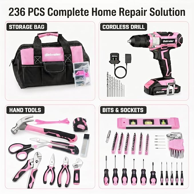 Bielmeier 20V 236Pcs Cordless Pink Drill Set for Women, Lady’s Essential Home Tool Kit with Pink Bag, Perfect DIY Electric Screwdriver Set for Home Repair & Gifts