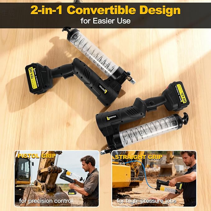 Electric Grease Gun, Upgraded Cordless Grease Gun 2-in-1 Dual Pistol & In-Line Grip, 12000 PSI 7oz/min Flow, 2×4.0Ah battery , 39.4" & 11.8" grease gun hose 4 Couplers Light, for Farm Truck Mechanics