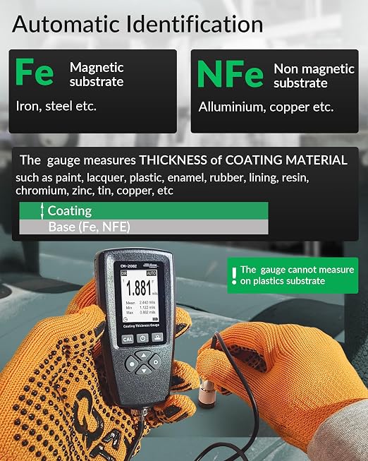Coating Thickness Gauge CM-208Z – 0-3000µm (0-120 mils) Industrial Paint Thickness Meter, 0.001mil Resolution, External Probe, Fe/NFe Auto Detection, USB Data Export