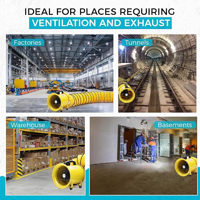 8 Inch Utility Blower Fan | 3300 RPM High Speed, Heavy Duty, IP44 Waterproof Extractor, 33 ft PVC Duct Hose, Industrial Portable Exhaust Ventilation