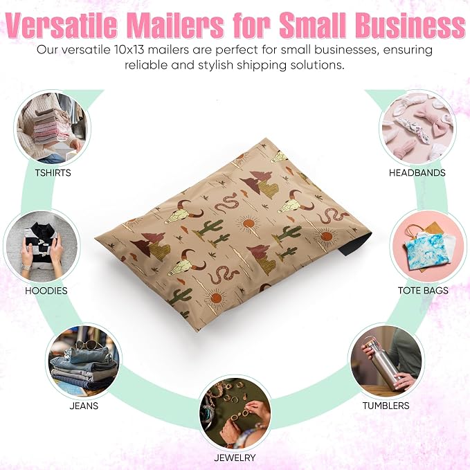 10x13 Poly Mailers – Western Boho – Waterproof, Tear-Resistant Shipping Bags with Adhesive Seal – 50 Pack – Package Mint