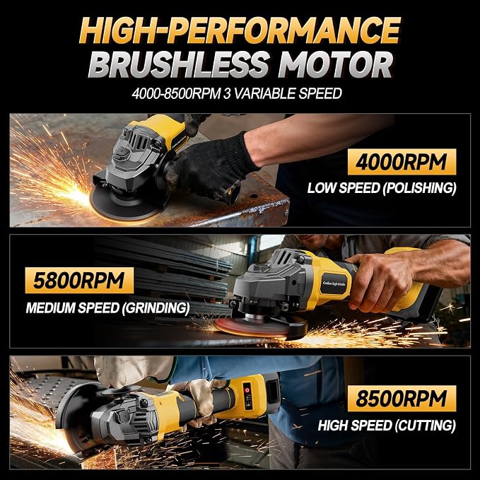Cordless Angle Grinder Compatible with Dewalt 20V MAX Battery (NO Battery), 3 Variable Speed Brushless Motor, Up to 8500 RPM Angle Grinder for Grinding, Cutting, Polishing & Rust Removal, Tool Only