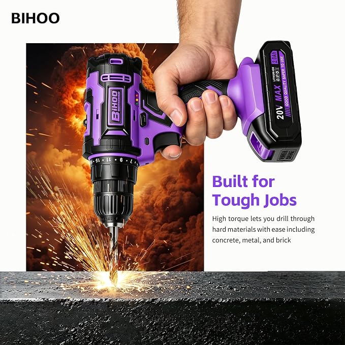 Purple Cordless Drill Set,20V Drill Driver with Battery and Charger,3/8-Inch Keyless Chuck, Variable Speed,with Drills Bits Set