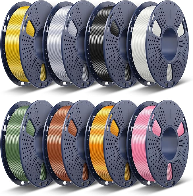 TECBEARS Silk Filament 1.75, Shiny Silk PLA Filament, 3D Printer Filament with Smooth Silky Surface, 250G Spool, 8 Rolls, Gold+Silver+Black+White+Bronze+Red Cropper+Brass+Pink