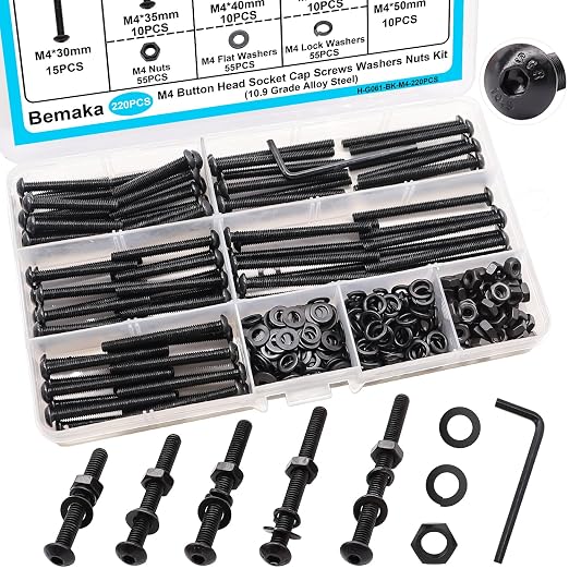 220PCS Black M4 Button Head Hex Socket Cap Screws, M4 x 30/35/40/45/50mm Metric Screws Bolts Nuts Washers Assortment Kit, 10.9 Grade Alloy Steel