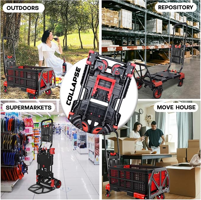 Folding Hand Truck, 2 in 1 Portable Heavy Duty Carrying Moving Dolly Cart with 4 Foldable Wheels and Retractable Handle Duty 330lbs (Red with Folding Basket)